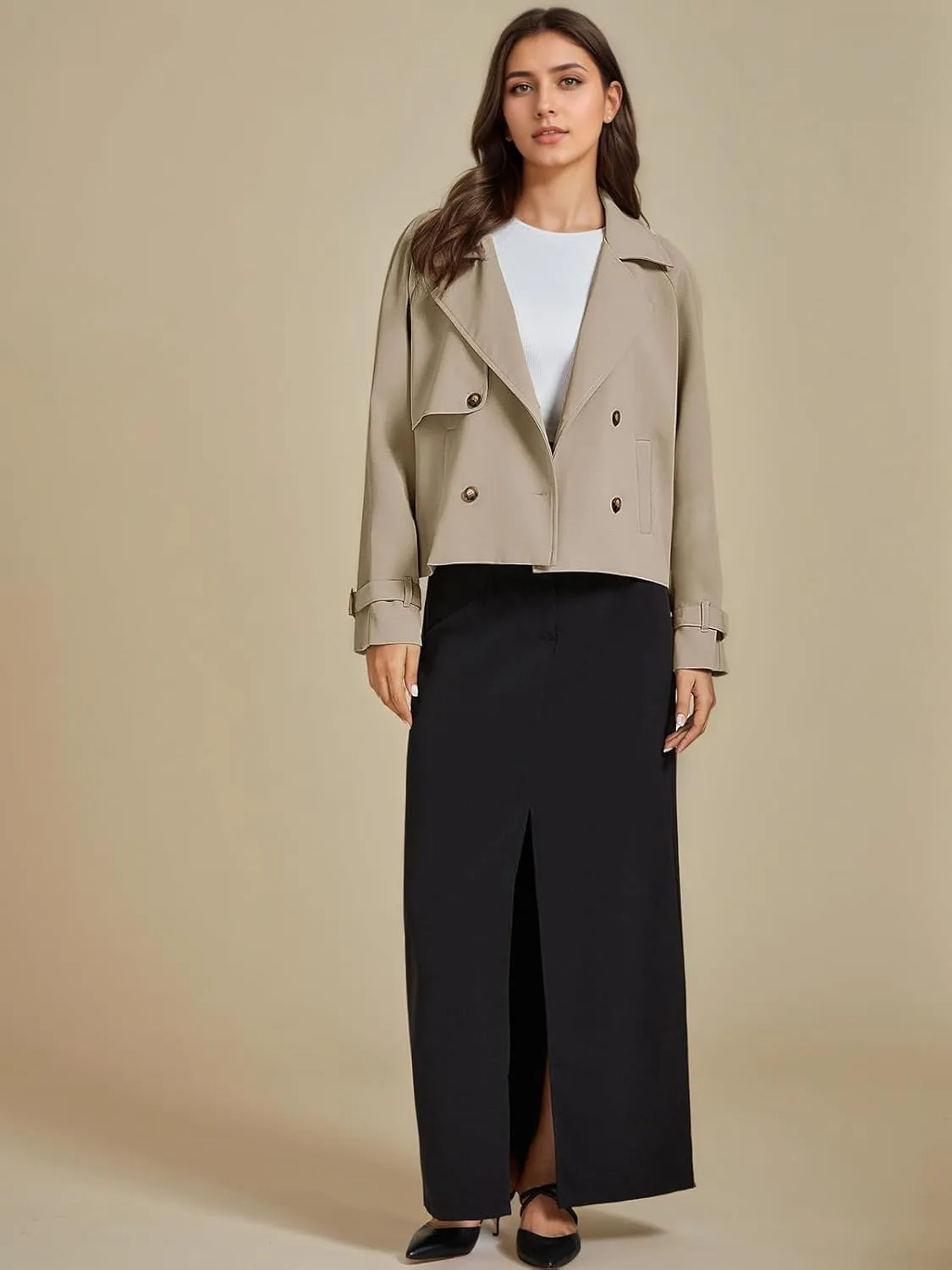 ASHER FASHION Cropped Trench Coat for Women, Fall Jackets for Women 2024, Long Sleeve Double Breasted Notched Lapel Casual