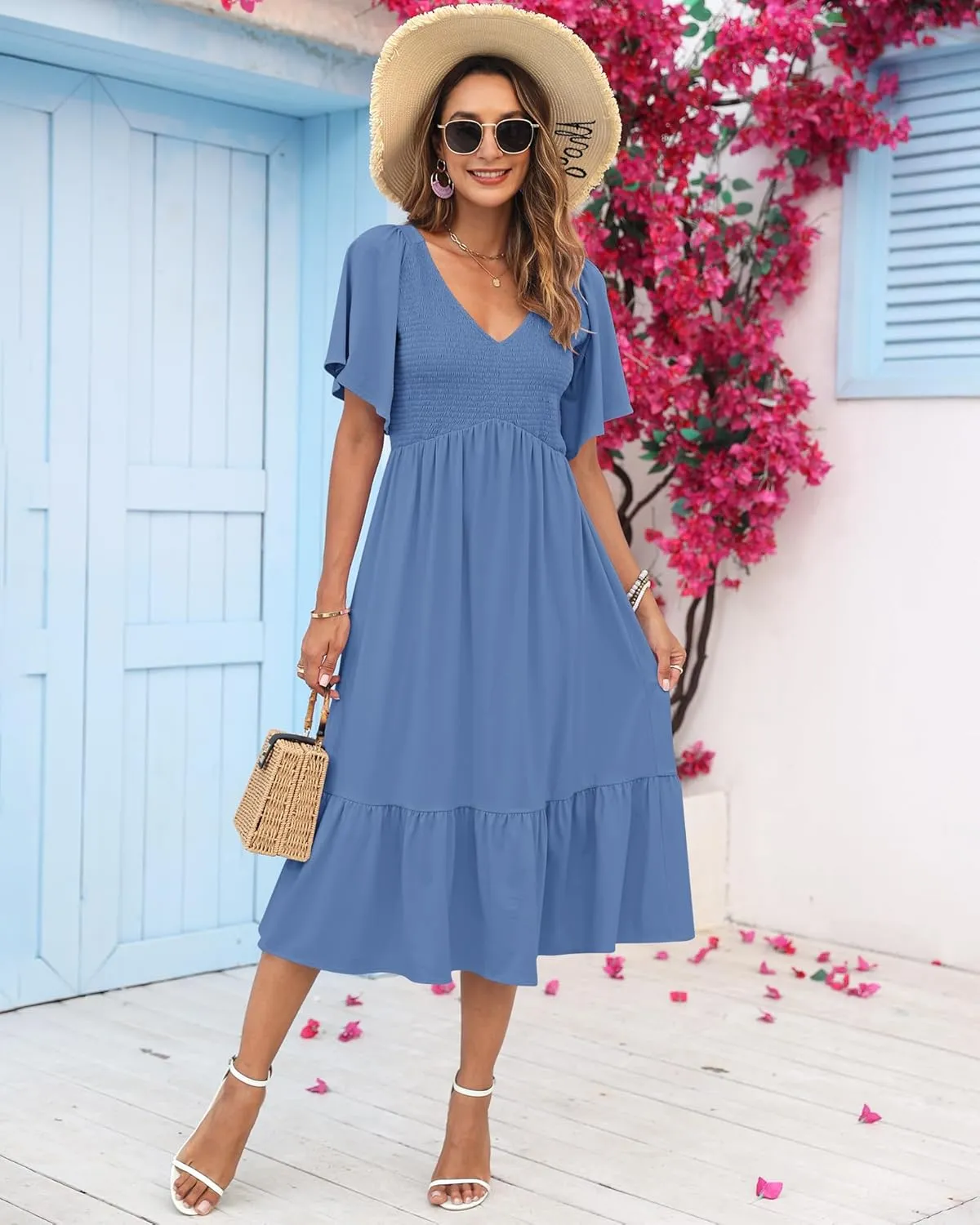 AUSELILY Women's Summer Empire Waist Dress Smocked Flutter Short Sleeve V Neck Midi Dresses 2025 New