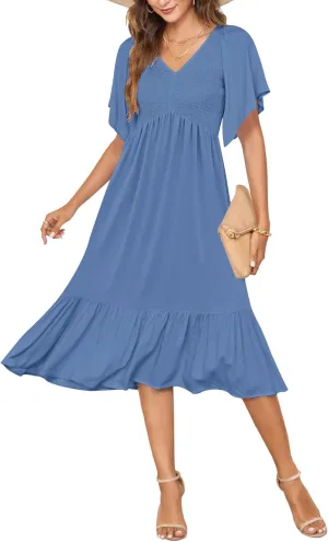 AUSELILY Women's Summer Empire Waist Dress Smocked Flutter Short Sleeve V Neck Midi Dresses 2025 New