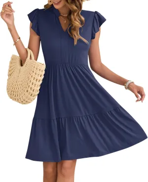 AUSELILY Women's Summer Ruffled Sleeve Dresses V Neck Empire Waist Sleeveless Mini Sundress with Pockets 2025 New