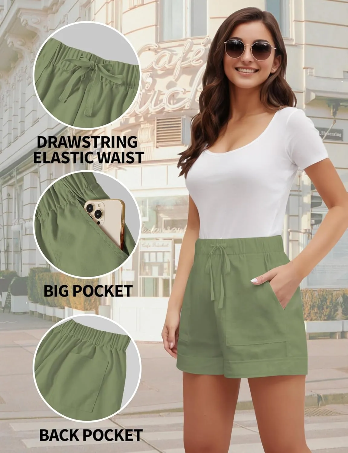 Buauty Womens Shorts, Flowy Shorts for Women Trendy, Linen Comfy Beach Elastic Waist Shorts for Casual Summer Dressy