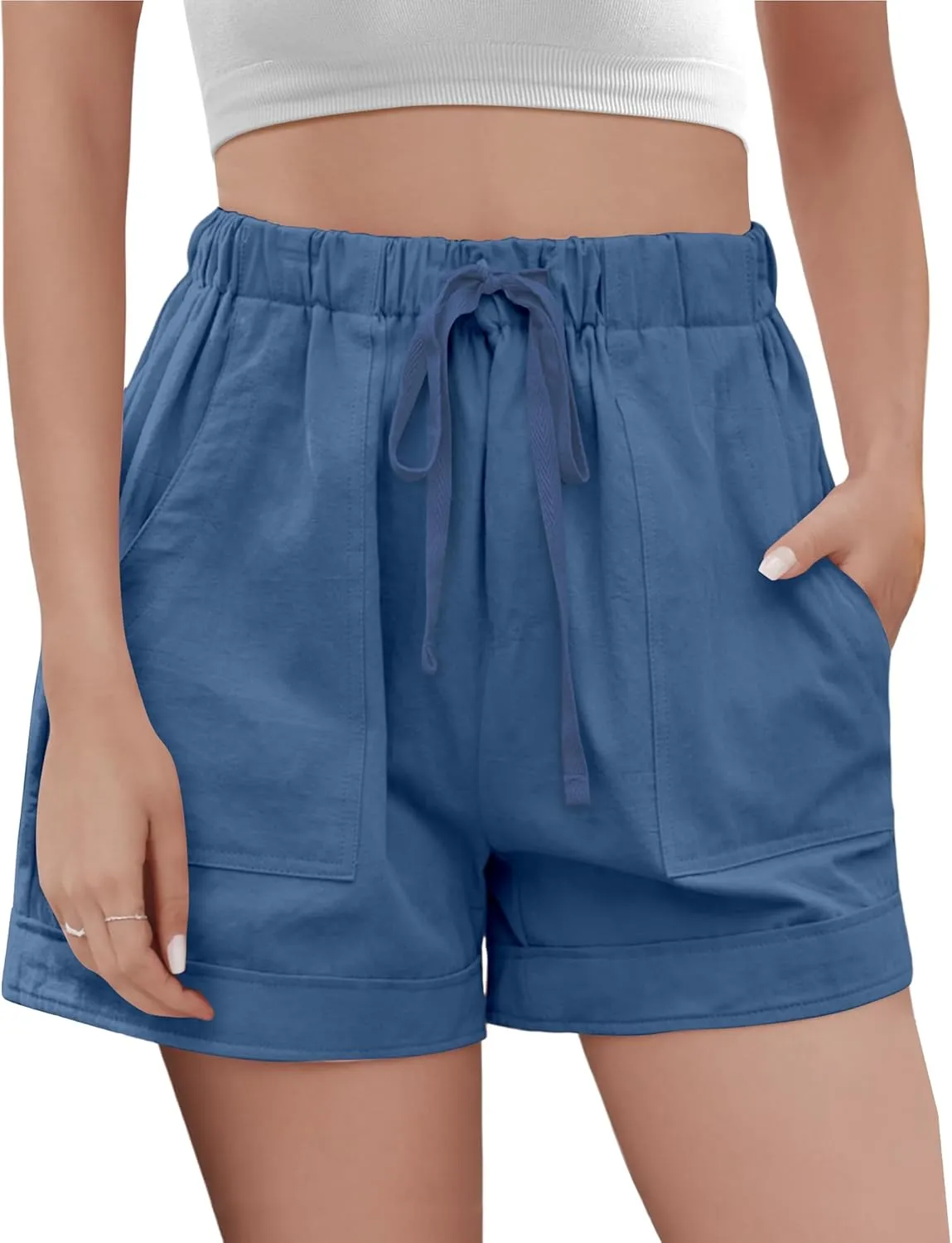Buauty Womens Shorts, Flowy Shorts for Women Trendy, Linen Comfy Beach Elastic Waist Shorts for Casual Summer Dressy