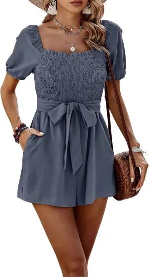 CCTOO Womens Rompers Smocked High Waist Ruffle Sleeves Short Outfits Jumpsuits with Belt