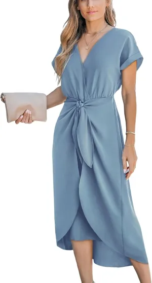 CUPSHE Women's V Neck Wrap Dress Twisted Slit Pleated Waist Tie Short Sleeve Summer Midi Dresses