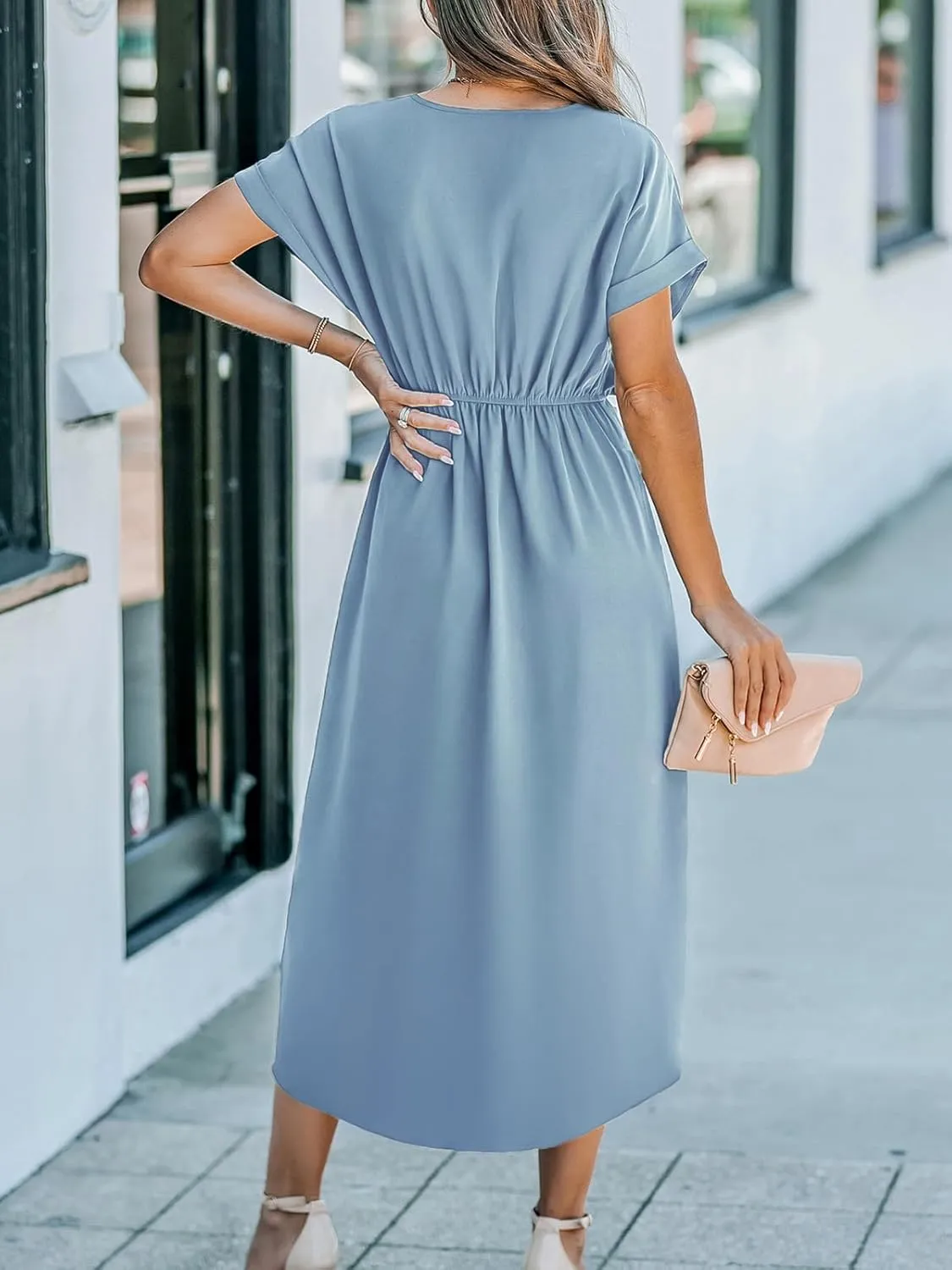 CUPSHE Women's V Neck Wrap Dress Twisted Slit Pleated Waist Tie Short Sleeve Summer Midi Dresses