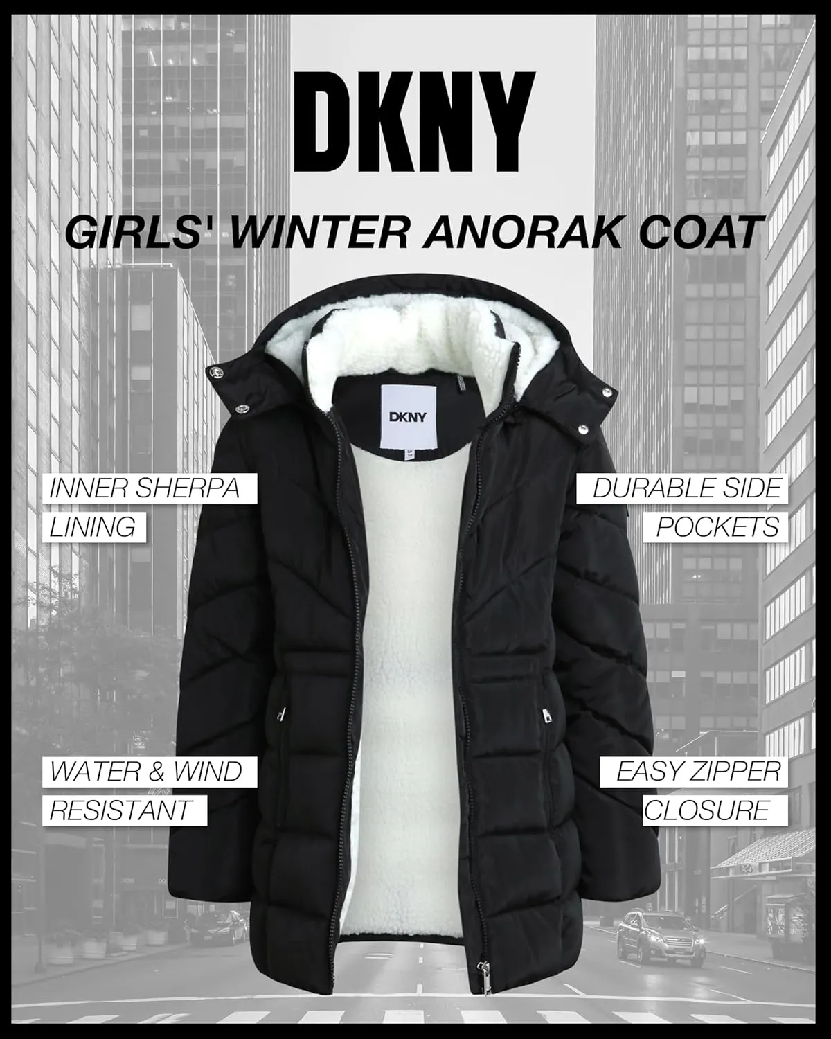 DKNY Girls Winter Coat  Heavyweight Anorak Puffer Coat with Cinched Waist  Sherpa Lined Insulated Jacket for Girls (4-16)