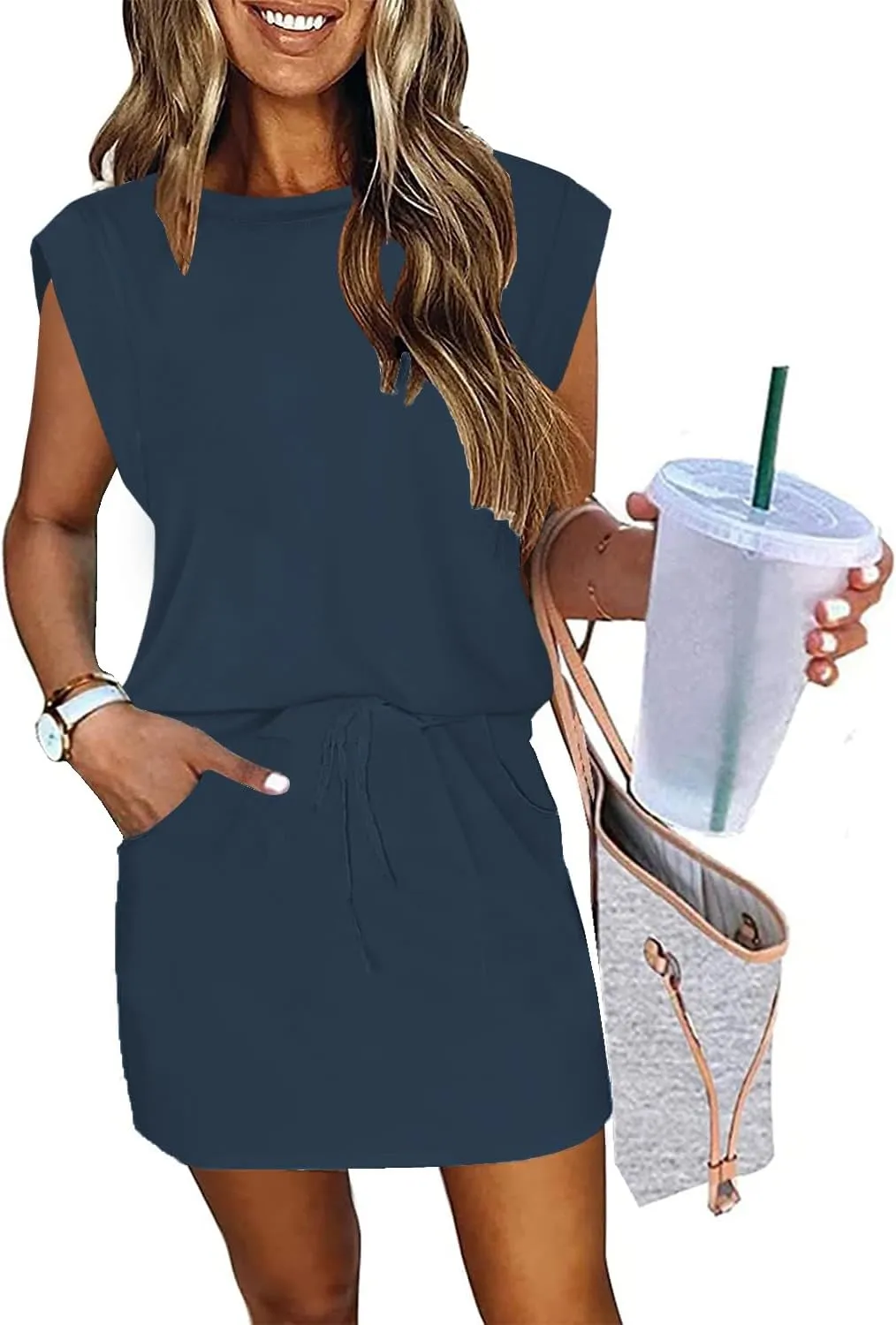 ETCYY NEW Womens Cap Sleeve Summer Dress Crew Neck Tie Front A-Line Dresses Double Layer Hem Mini Dress