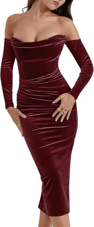 GOBLES Women's Sexy Velvet Off The Shoulder Long Sleeve Ruched Bodycon Mini Cocktail Dress