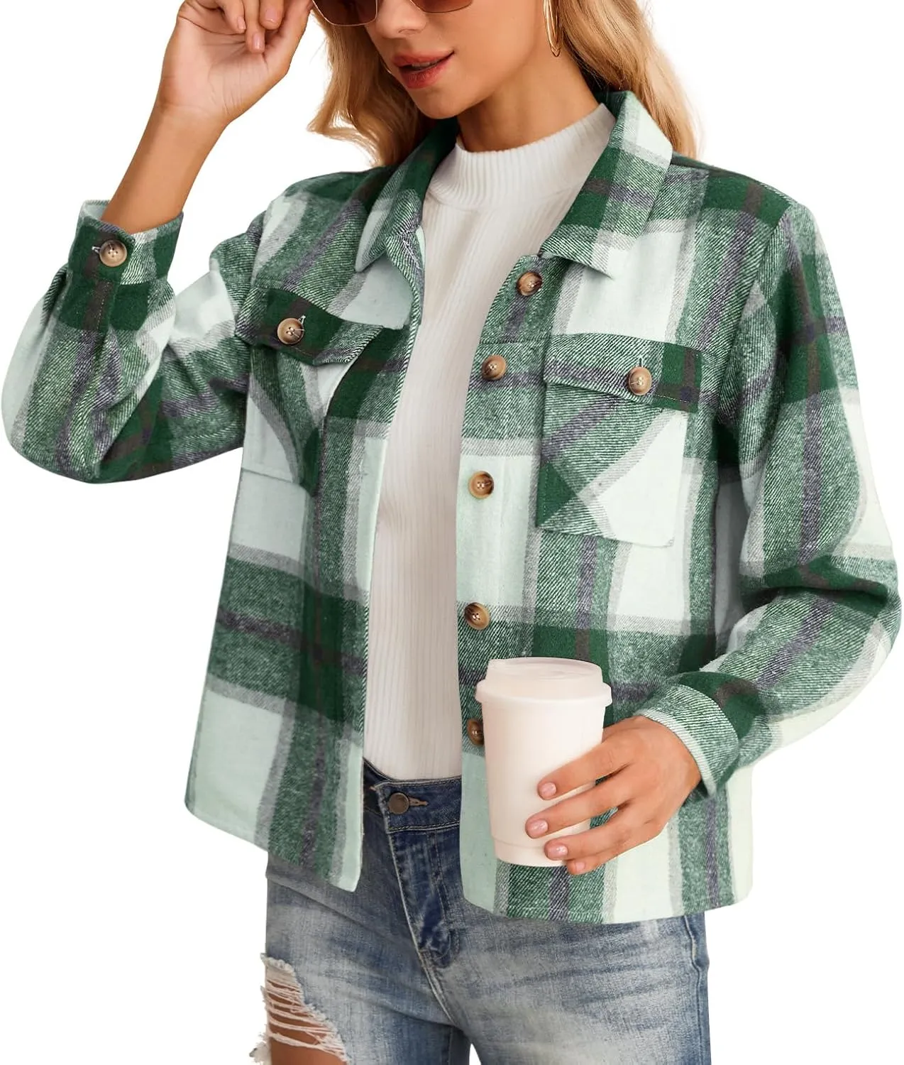 HWOKEFEIYU Women's Cropped Plaid Shacket Jacket Flannel Plaid Shirts Fashion Button Down Shirt 2024 Fall Coat With Pockets