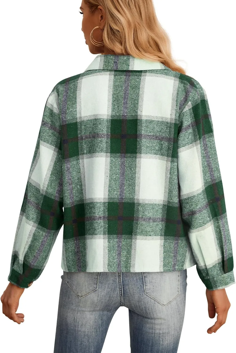 HWOKEFEIYU Women's Cropped Plaid Shacket Jacket Flannel Plaid Shirts Fashion Button Down Shirt 2024 Fall Coat With Pockets