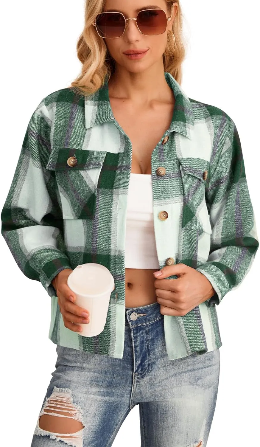HWOKEFEIYU Women's Cropped Plaid Shacket Jacket Flannel Plaid Shirts Fashion Button Down Shirt 2024 Fall Coat With Pockets