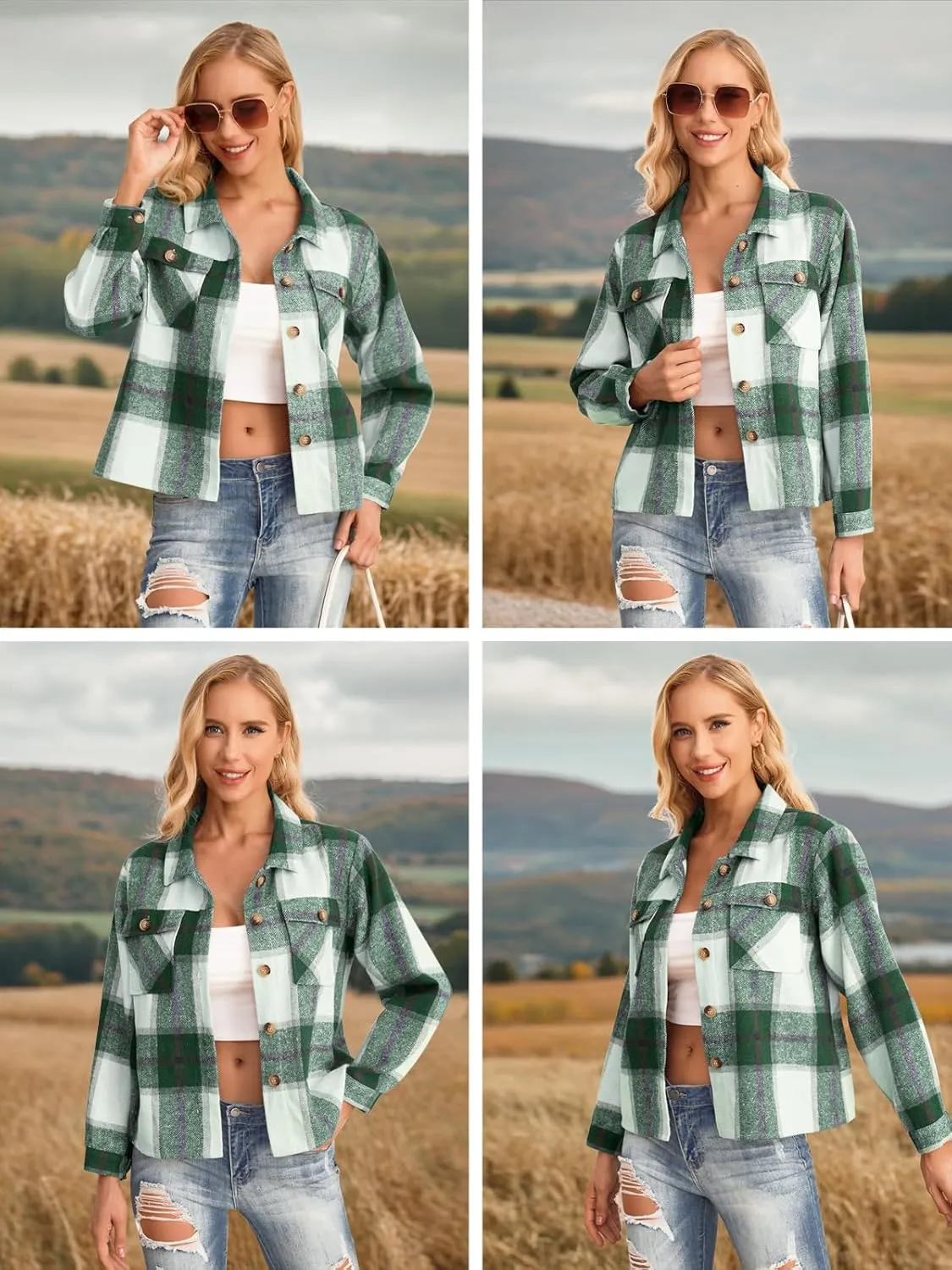 HWOKEFEIYU Women's Cropped Plaid Shacket Jacket Flannel Plaid Shirts Fashion Button Down Shirt 2024 Fall Coat With Pockets