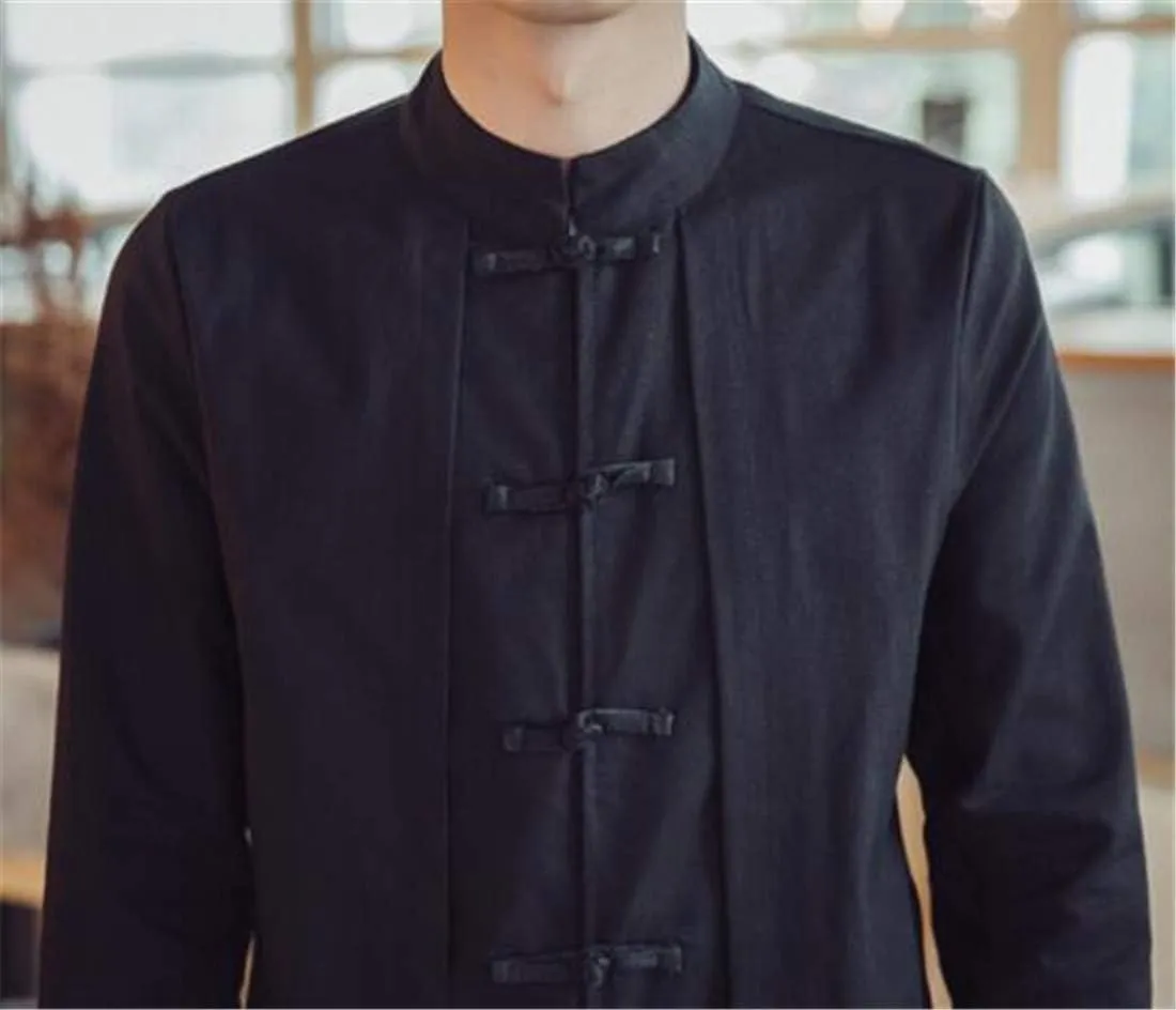 HZCX FASHION Men's Vintage Cotton Linen Stand Collar Frog-Button Trench Coats