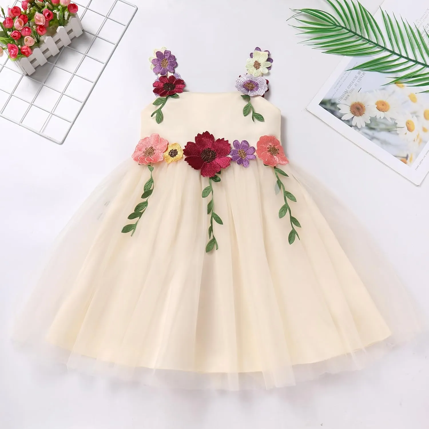 IDOPIP Toddler Baby Embroidery Flower Girl Dress for Kids Wedding Pageant Party Prom Gown Communion Birthday Tulle Dresses