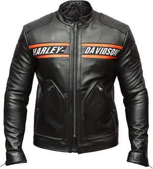Mens Retro H-D Harley Vintage Motorcycle Leather Jacket, Classic Biker Wear Cafe Racer Leather Jacket for Men