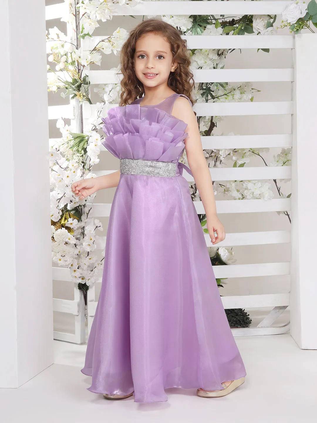 Mini Stich A-line organza party gown with silver studded belt - Lilac