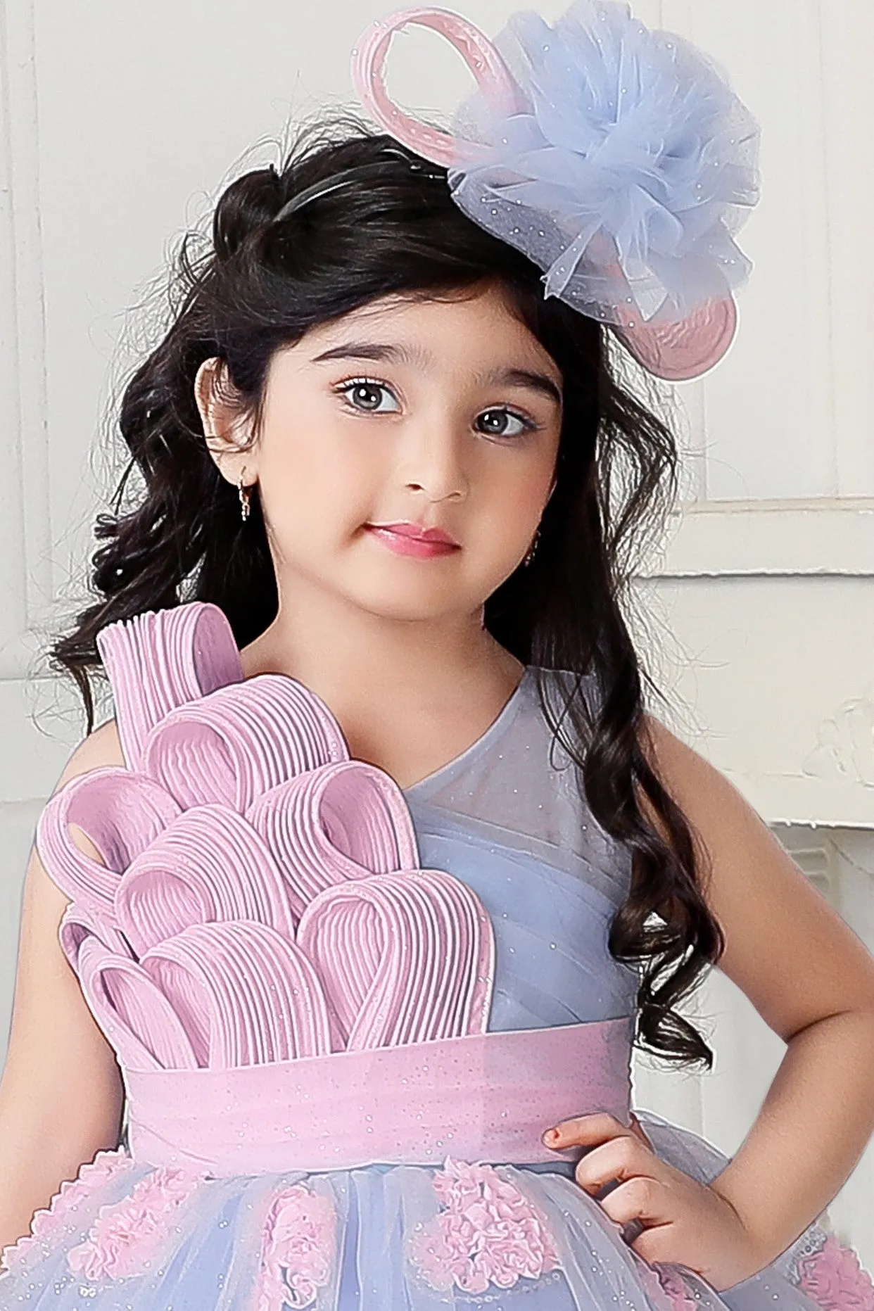 Mini Stitch all over floral applique gown for girls-Blue