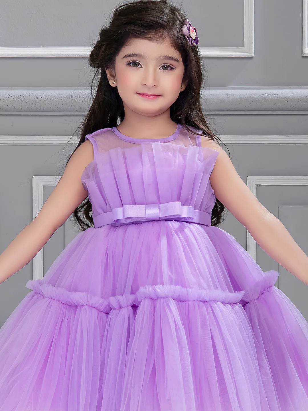 Mini Stitch Fan pleated yoke dress with frilled pattern party frock - Lavender