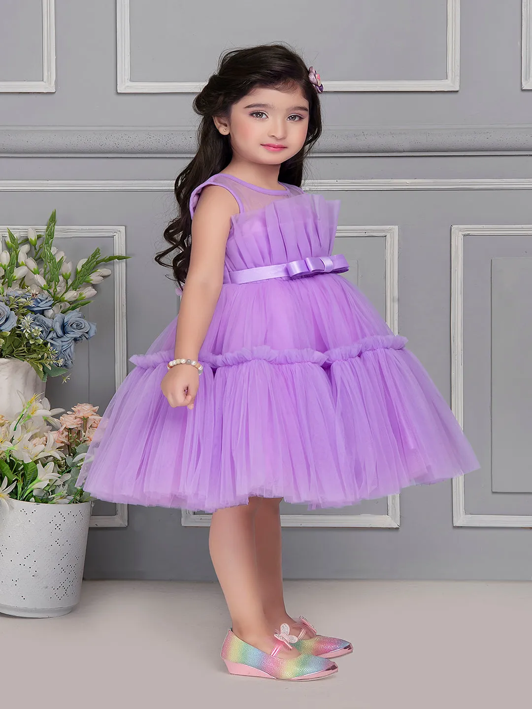 Mini Stitch Fan pleated yoke dress with frilled pattern party frock - Lavender