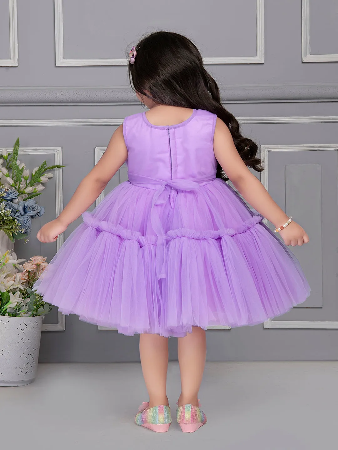 Mini Stitch Fan pleated yoke dress with frilled pattern party frock - Lavender