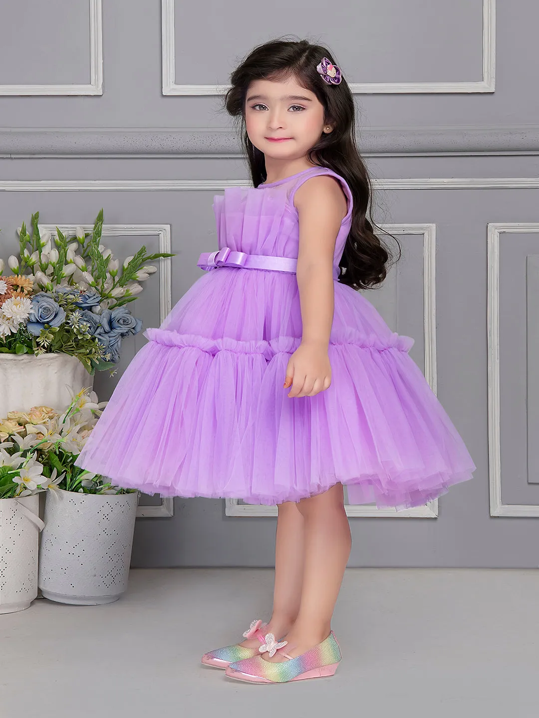 Mini Stitch Fan pleated yoke dress with frilled pattern party frock - Lavender