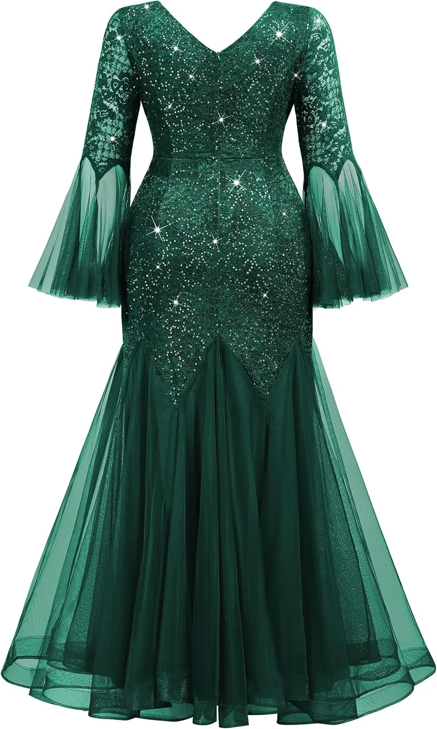 MISSMAY Women's Plus Size Sequins Lace V Neck Sheer Long Sleeves Tulle Mermaid Hem Formal Evening Party Dresses