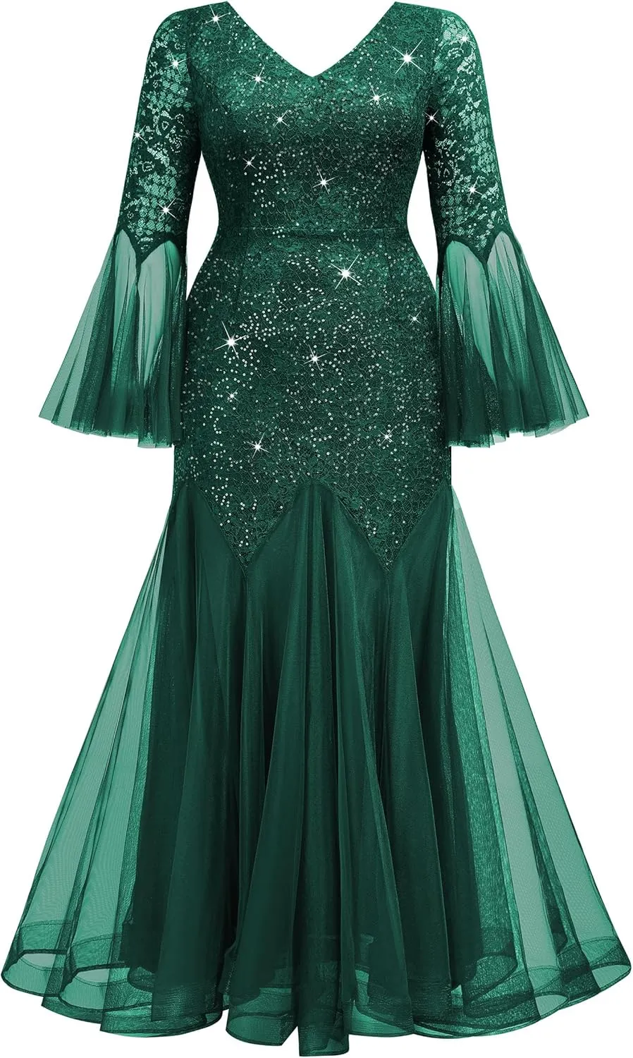 MISSMAY Women's Plus Size Sequins Lace V Neck Sheer Long Sleeves Tulle Mermaid Hem Formal Evening Party Dresses
