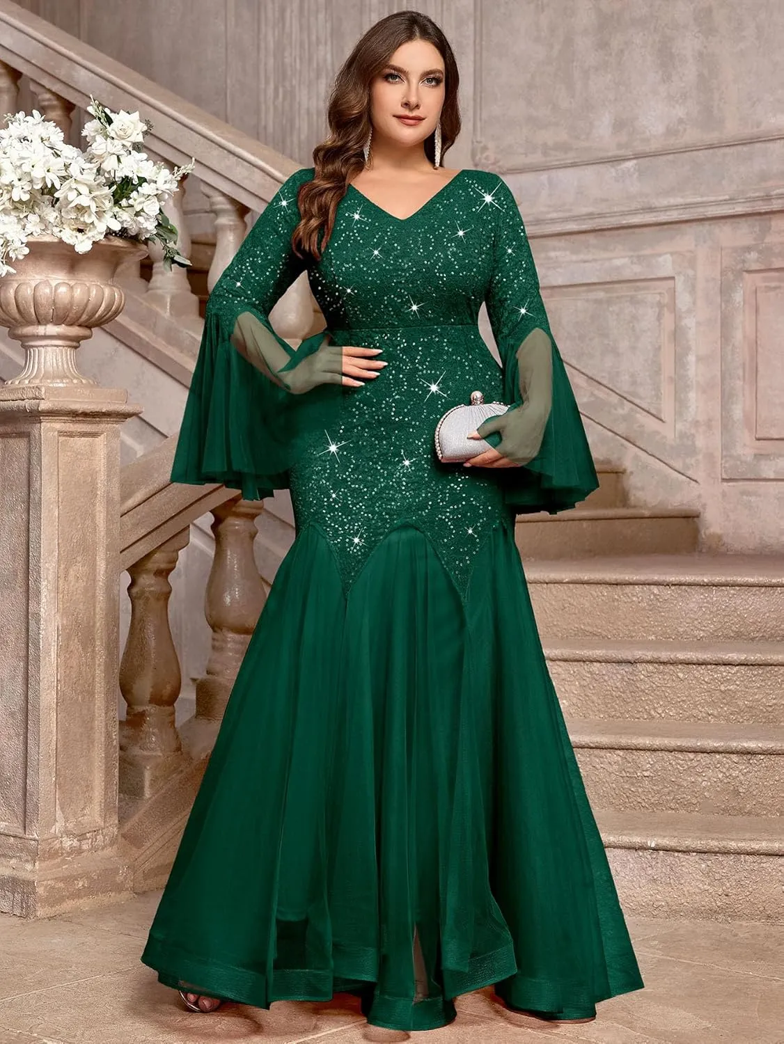 MISSMAY Women's Plus Size Sequins Lace V Neck Sheer Long Sleeves Tulle Mermaid Hem Formal Evening Party Dresses