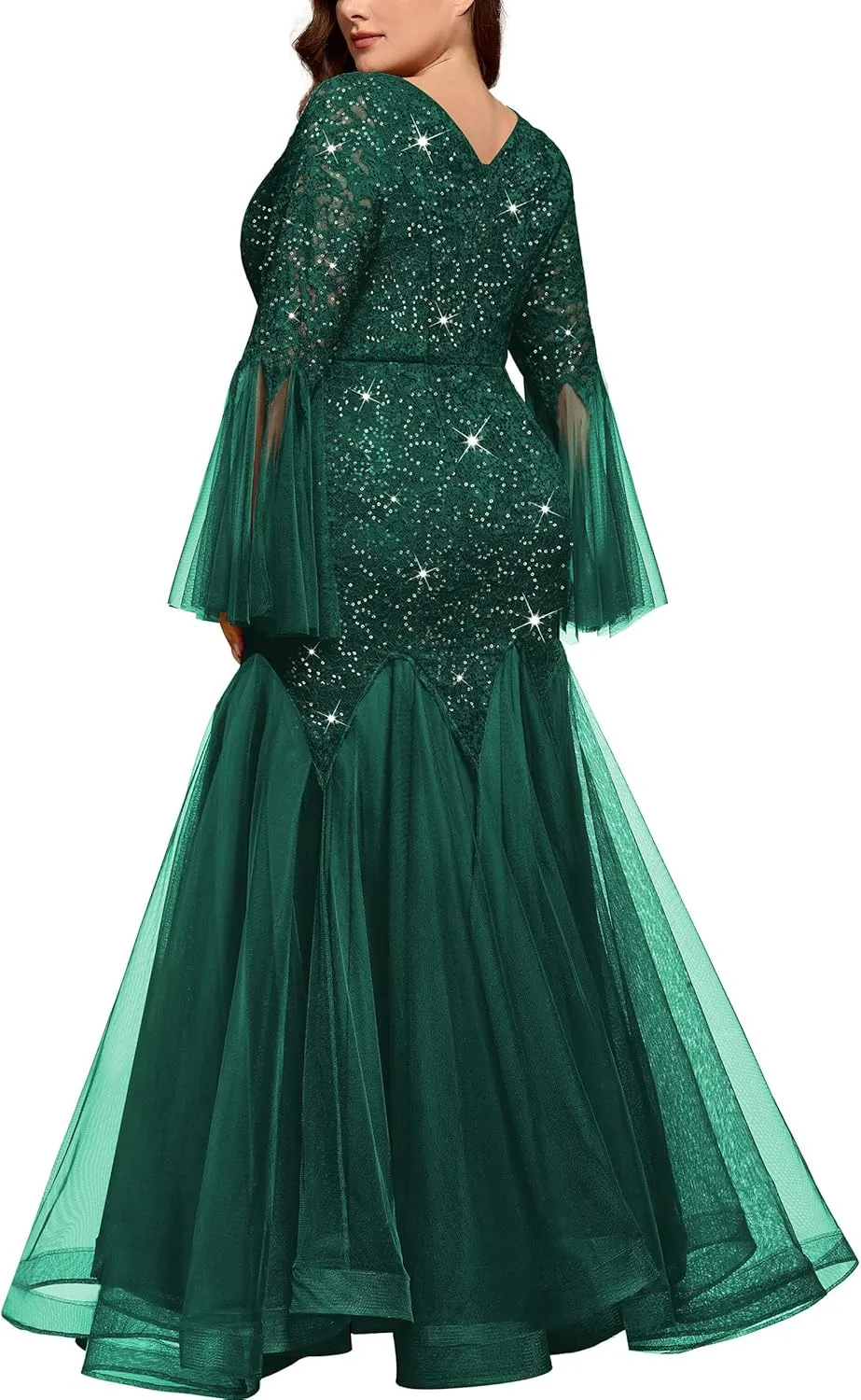 MISSMAY Women's Plus Size Sequins Lace V Neck Sheer Long Sleeves Tulle Mermaid Hem Formal Evening Party Dresses