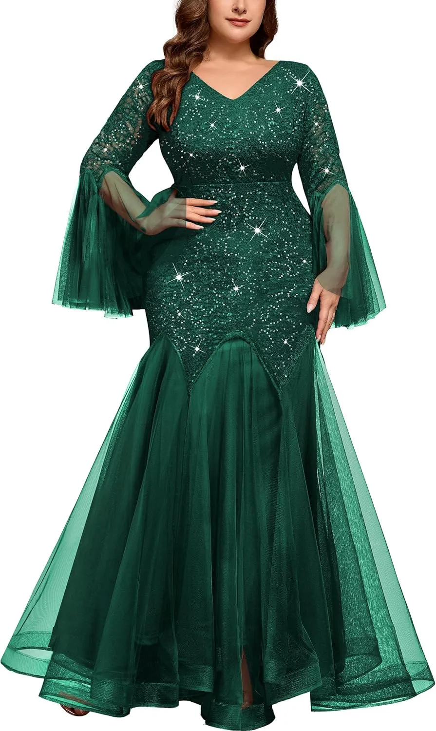MISSMAY Women's Plus Size Sequins Lace V Neck Sheer Long Sleeves Tulle Mermaid Hem Formal Evening Party Dresses