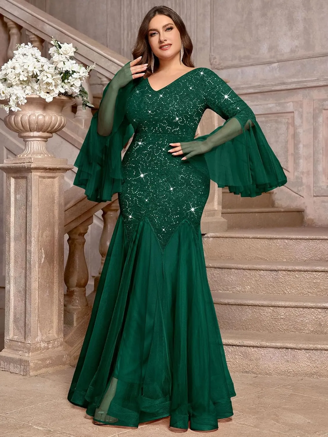 MISSMAY Women's Plus Size Sequins Lace V Neck Sheer Long Sleeves Tulle Mermaid Hem Formal Evening Party Dresses