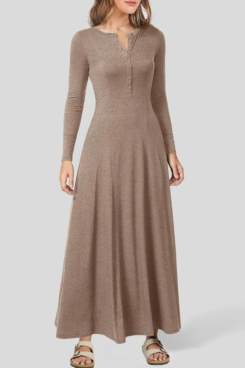 MITILLY Fall Dress for Women 2025 Long Sleeve Maxi Dress Casual Crewneck Button Fit & Flare Flowy Boho Dresses