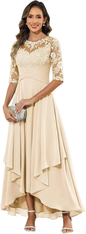 Mother of The Bride Dresses Long Chiffon Half Sleeve Lace Applique Formal Dress for Women