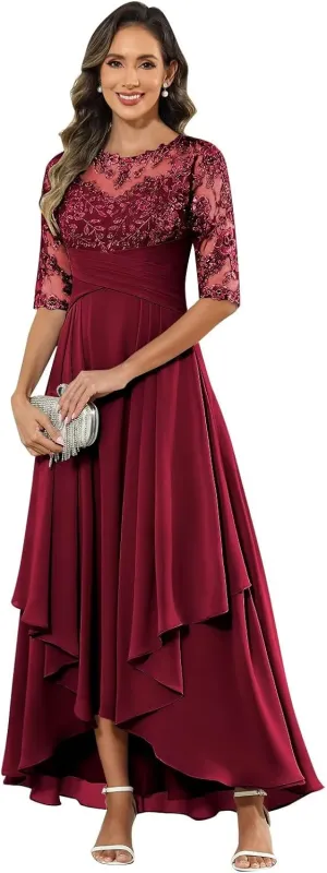 Mother of The Bride Dresses Long Chiffon Half Sleeve Lace Applique Formal Dress for Women