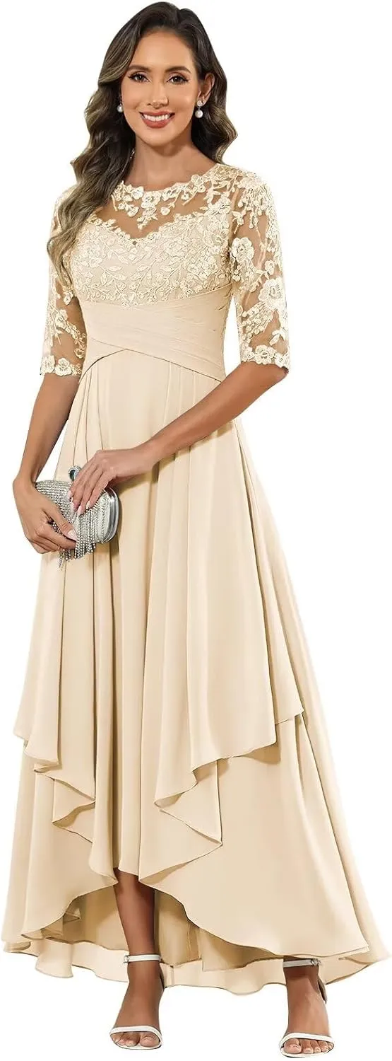 Mother of The Bride Dresses Long Chiffon Half Sleeve Lace Applique Formal Dress for Women