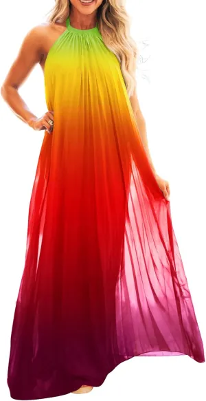 Paintcolors Women's Casual Halter Sleeveless Pleated Long Maxi Dress Backless Loose Ombre Summer Beach Chiffon Flowy Sundress