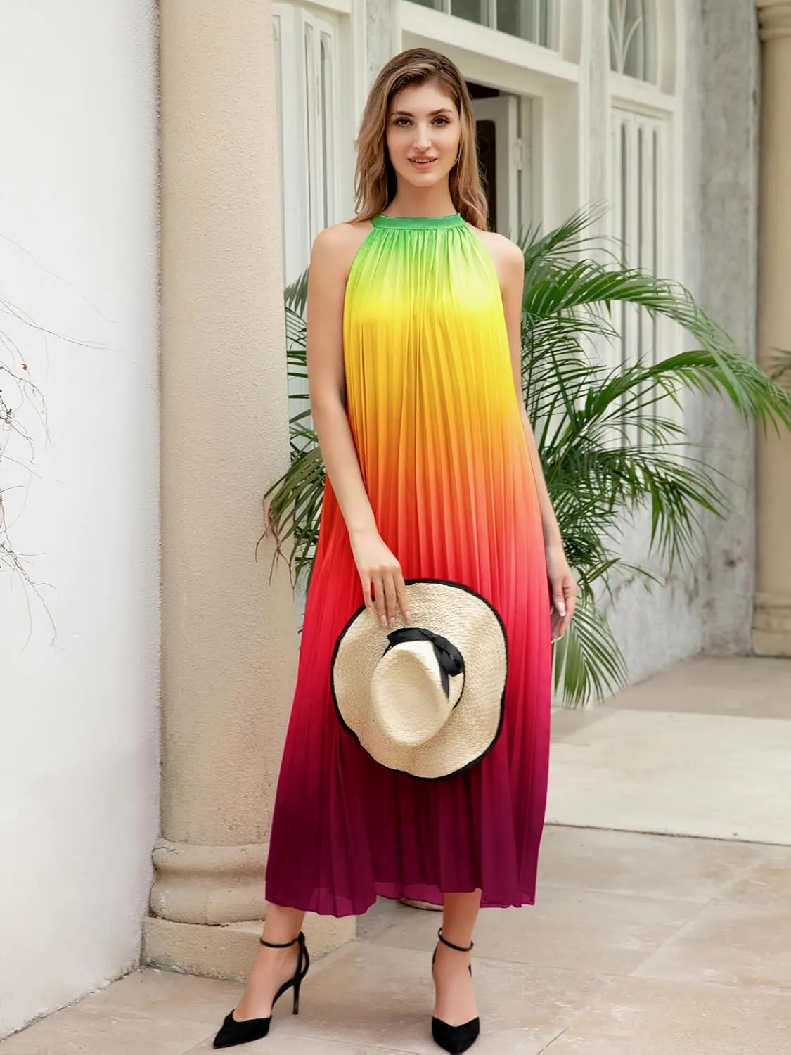 Paintcolors Women's Casual Halter Sleeveless Pleated Long Maxi Dress Backless Loose Ombre Summer Beach Chiffon Flowy Sundress