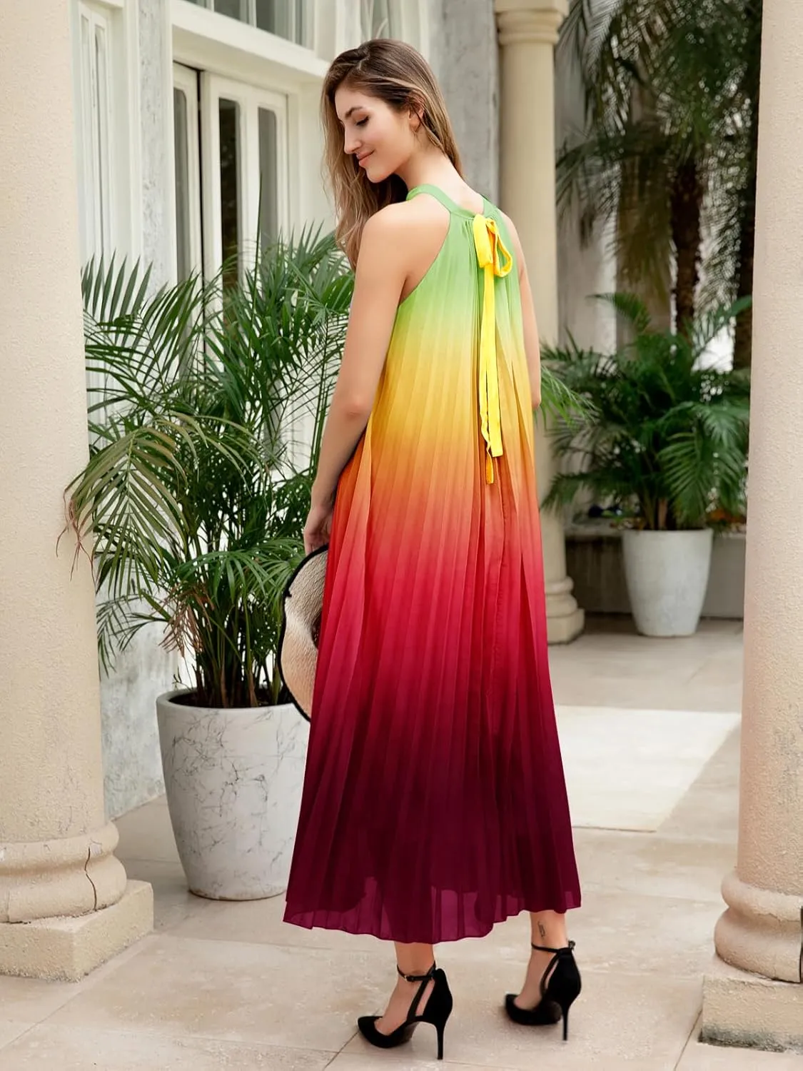 Paintcolors Women's Casual Halter Sleeveless Pleated Long Maxi Dress Backless Loose Ombre Summer Beach Chiffon Flowy Sundress