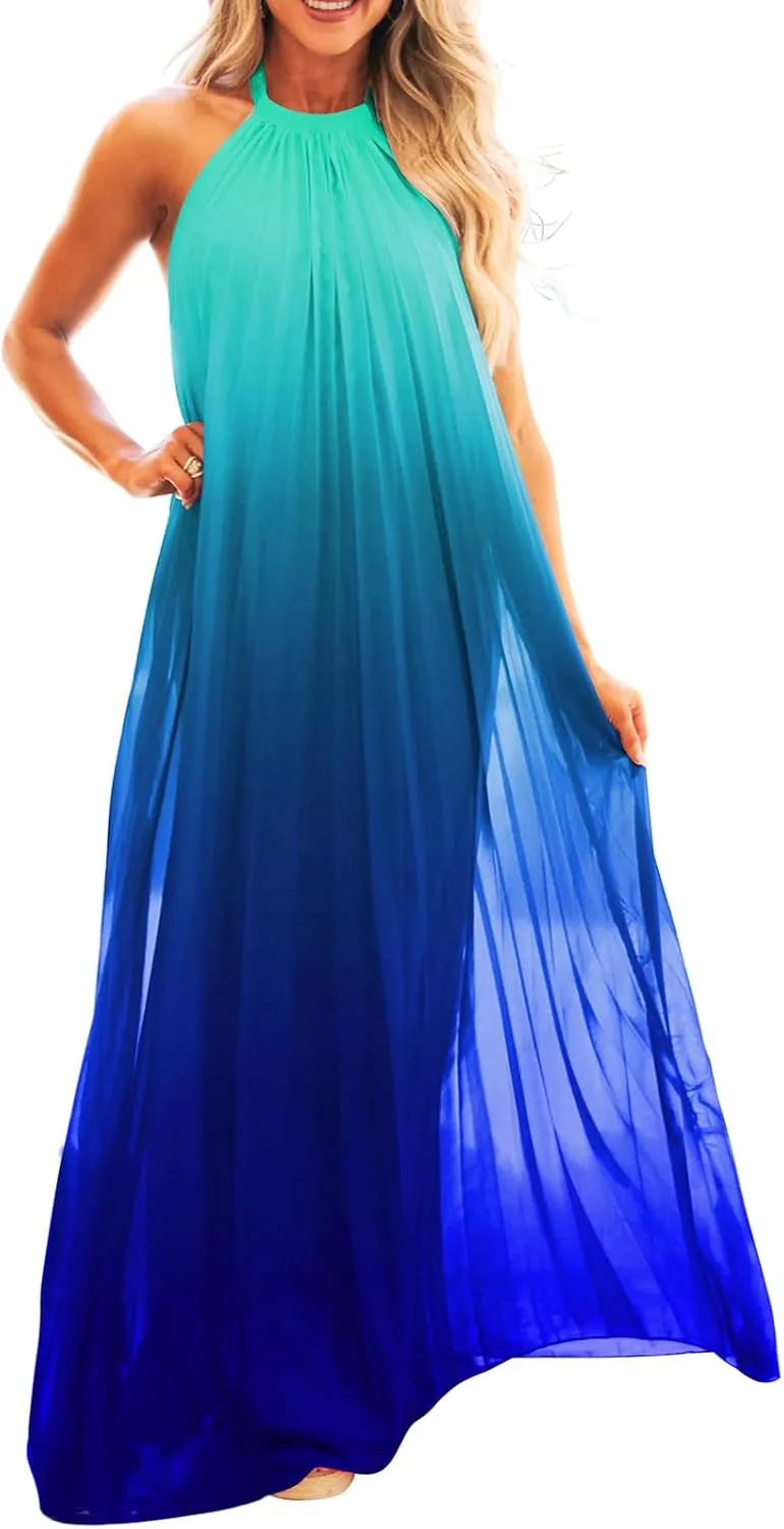 Paintcolors Women's Casual Halter Sleeveless Pleated Long Maxi Dress Backless Loose Ombre Summer Beach Chiffon Flowy Sundress