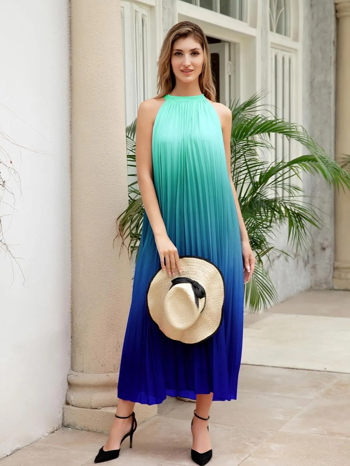 Paintcolors Women's Casual Halter Sleeveless Pleated Long Maxi Dress Backless Loose Ombre Summer Beach Chiffon Flowy Sundress