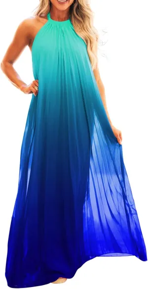 Paintcolors Women's Casual Halter Sleeveless Pleated Long Maxi Dress Backless Loose Ombre Summer Beach Chiffon Flowy Sundress