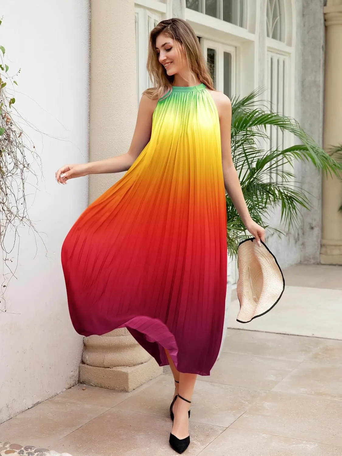 Paintcolors Women's Casual Halter Sleeveless Pleated Long Maxi Dress Backless Loose Ombre Summer Beach Chiffon Flowy Sundress