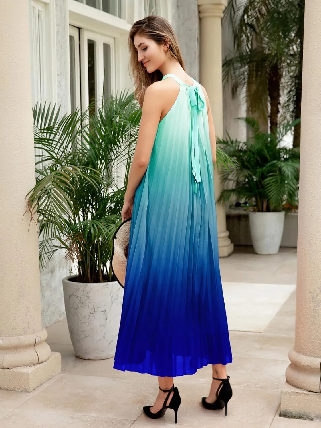 Paintcolors Women's Casual Halter Sleeveless Pleated Long Maxi Dress Backless Loose Ombre Summer Beach Chiffon Flowy Sundress