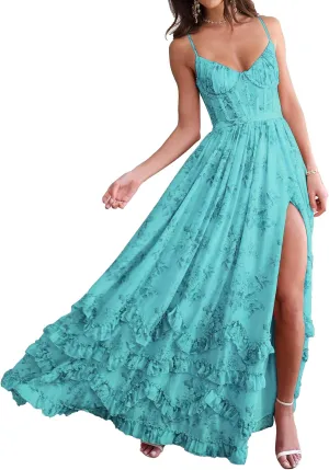SHSUREVE Floral Print Prom Dresses for Women Ruffle Chiffon Evening Dress Tiered Long Formal Gowns with Slit