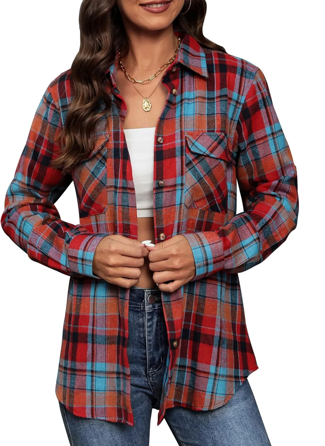 siliteelon Flannel Shirt Women Plaid Shirts Button Down Long Sleeve Oversized Cotton Boyfriend Casual Roll Up Blouse Tops