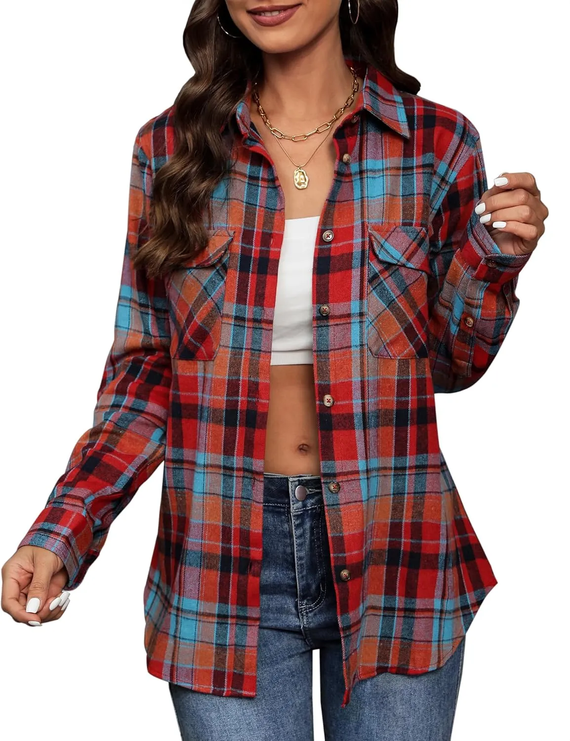 siliteelon Flannel Shirt Women Plaid Shirts Button Down Long Sleeve Oversized Cotton Boyfriend Casual Roll Up Blouse Tops