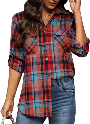 siliteelon Flannel Shirt Women Plaid Shirts Button Down Long Sleeve Oversized Cotton Boyfriend Casual Roll Up Blouse Tops