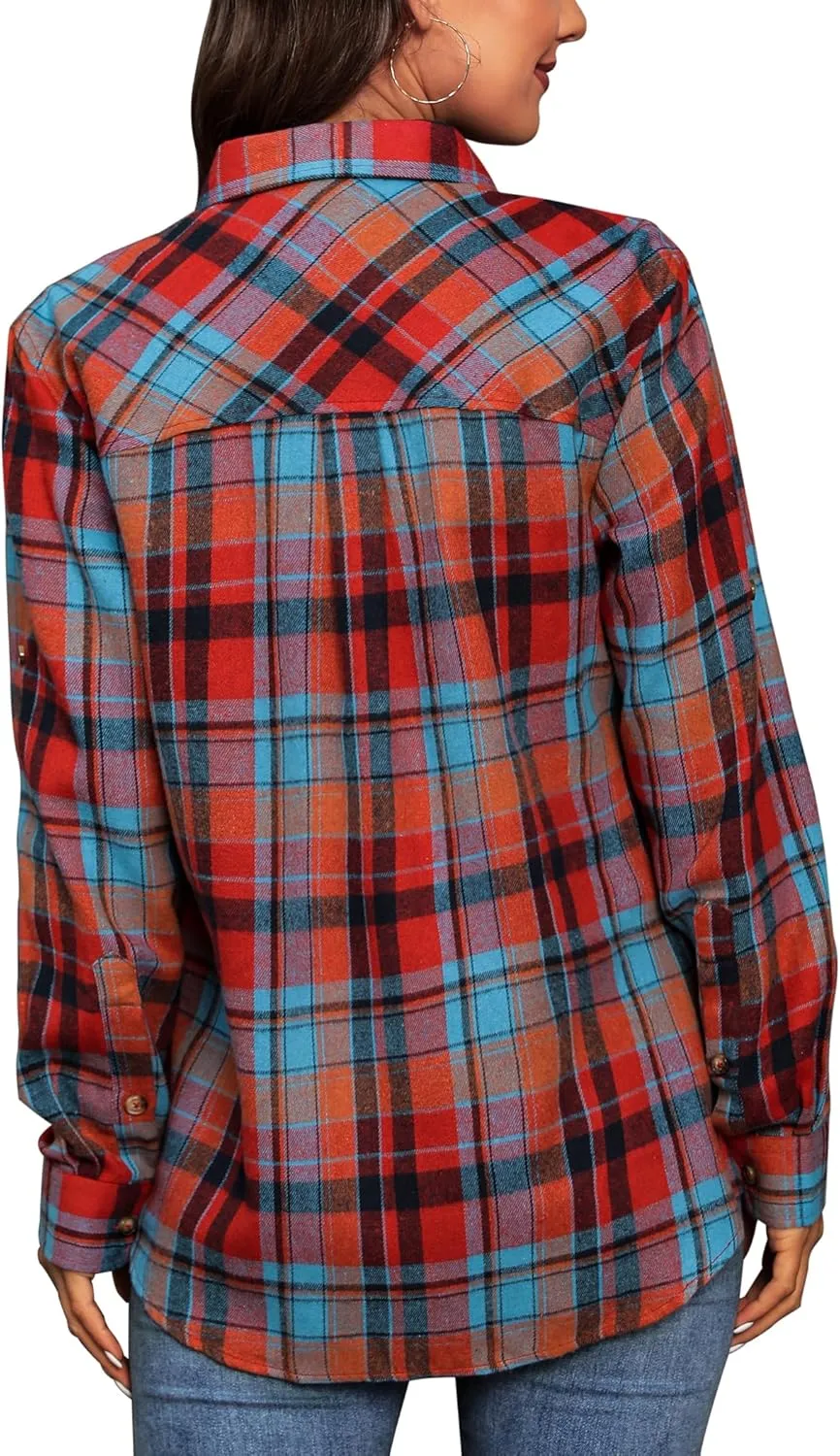 siliteelon Flannel Shirt Women Plaid Shirts Button Down Long Sleeve Oversized Cotton Boyfriend Casual Roll Up Blouse Tops