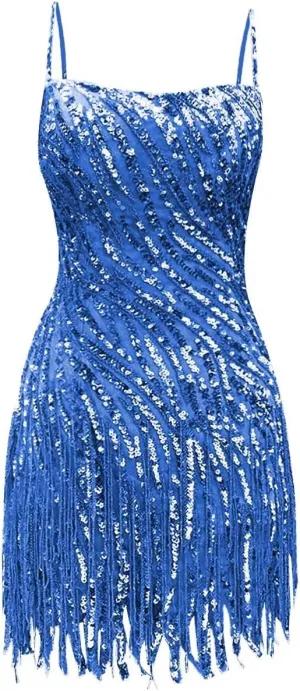 Sparkly Sequin Homecoming Dresses Spaghetti Straps Tight Short Cocktail Party Dress with Tassels for Teens