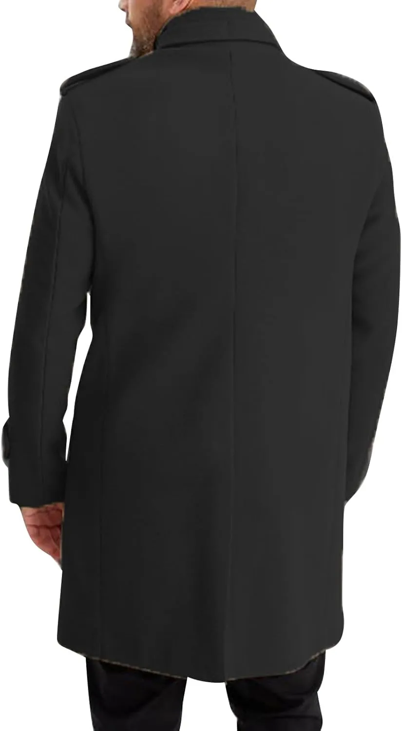 Trench Coat Men Wool Blend Double Breasted Notched Lapel Slim Fit Mid Long Windbreaker Causal Business Overcoat